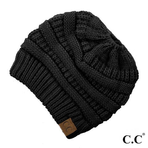 Black CC beanie messy bun ponytail