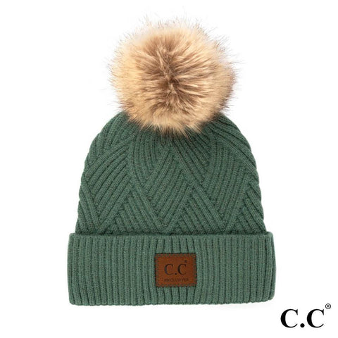 Green CC beanie with pom
