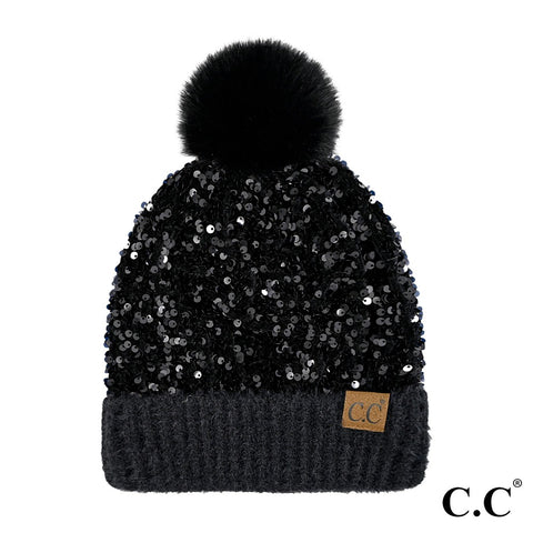 Black sequins CC beanie pom