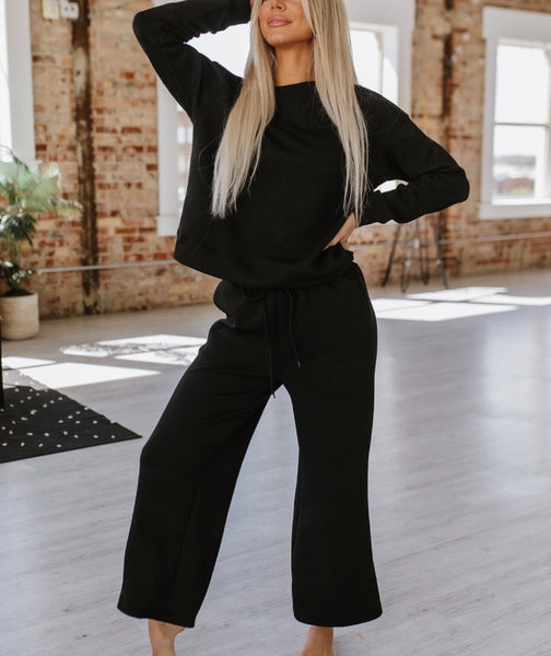 Black Textured Wide leg pant Set outfit