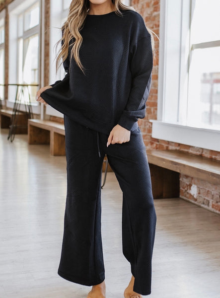 Black Textured Wide leg pant Set outfit