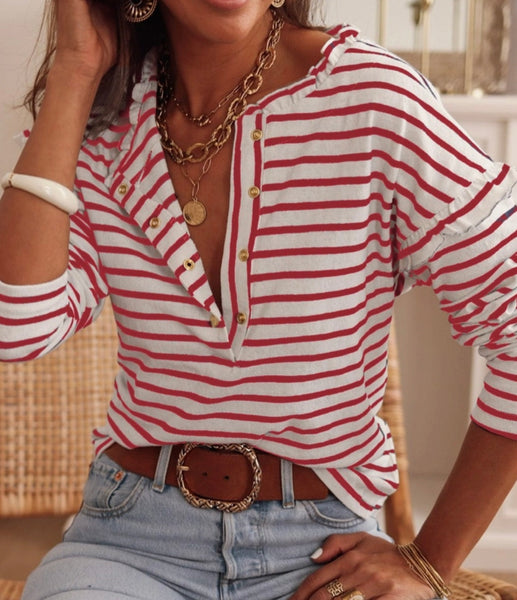 Red Stripe Button Neck Top