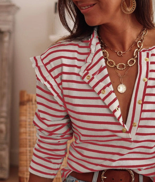 Red Stripe Button Neck Top