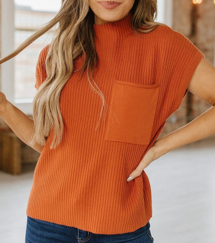 Orange Knit Short Sleeve Sweater