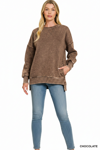 Chocolate Brown Acid Wash Hi-low Hem Sweatshirt