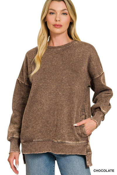 Chocolate Brown Acid Wash Hi-low Hem Sweatshirt