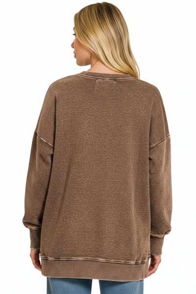 Chocolate Brown Acid Wash Hi-low Hem Sweatshirt
