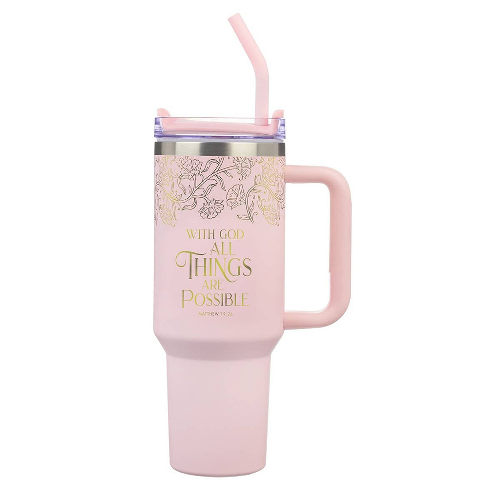 With God Matt. 19:26 Tumbler w/straw SS Pink