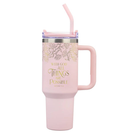With God Matt. 19:26 Tumbler w/straw SS Pink