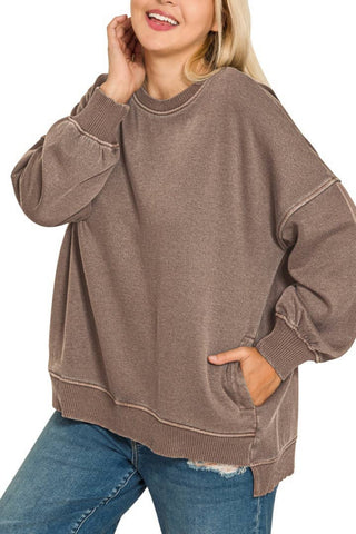 Brown Fleece Hi-low Hem Top Plus