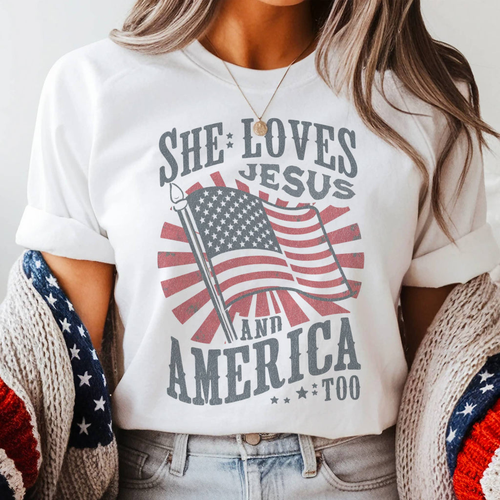 USA She Loves Jesus and America Too Graphic Tee