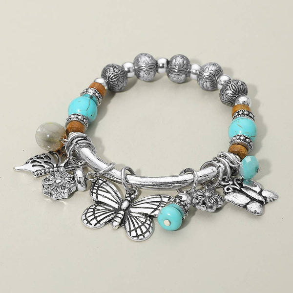 Silver Butterfly Beads Charm Stretch Bracelet