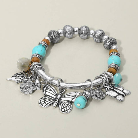 Silver Butterfly Beads Charm Stretch Bracelet