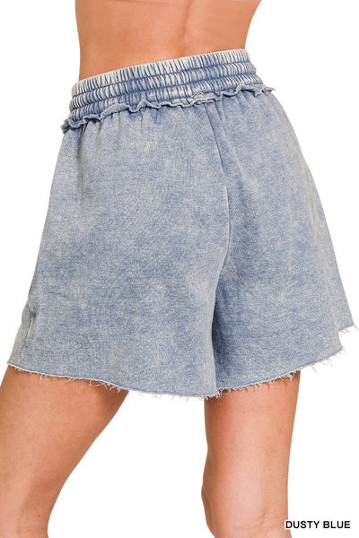 Dusty Blue Acid Wash Fleece Drawstring Shorts With Pockets