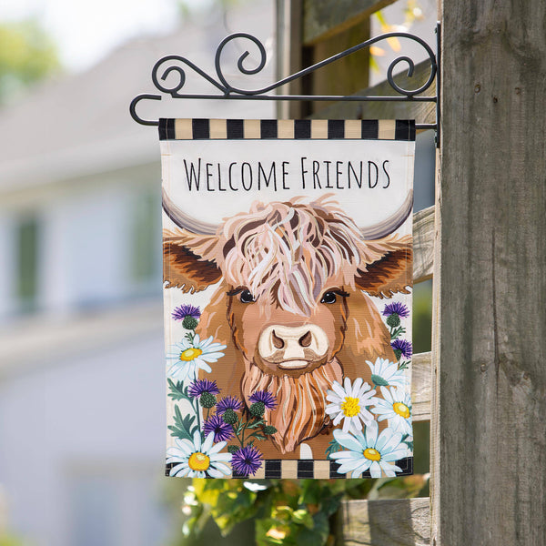 Highland Cow Welcome Friends Applique Garden Flag
