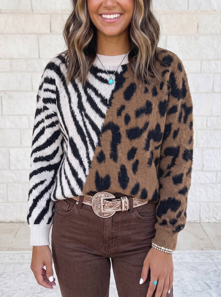Leopard Zebra Print Round Neck Sweater