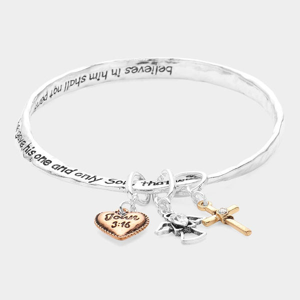 John 3:16 Heart Angel Cross Charm Bangle Bracelet