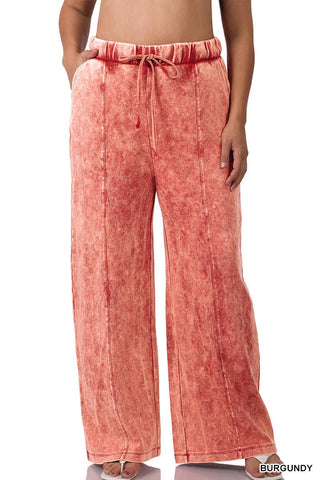 Burgundy Cool Acid Wash Wide Leg Plus Pants