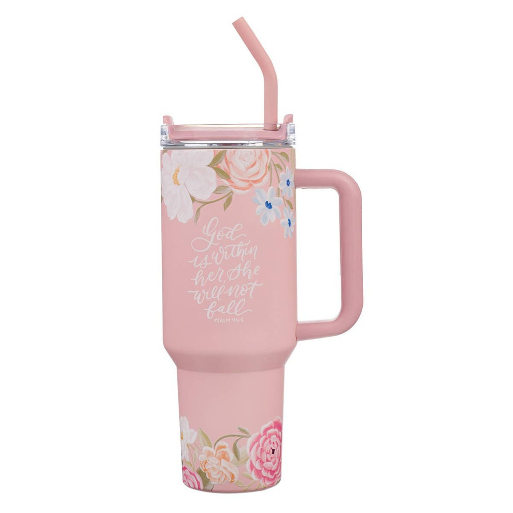 Pink Tumbler w/straw SS God is within her Ps. 46:5