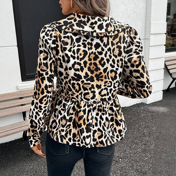Leopard Print Tie-Front top ruffle Collar