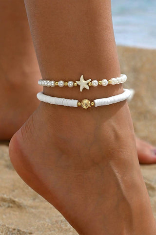 Starfish Shell Pearl Decor Beaded Double Layer Anklet