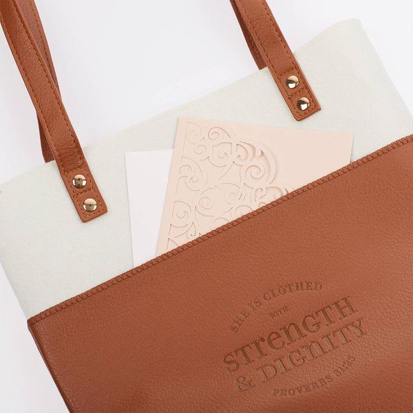 Cream Toffee Bible Tote Strength & Dignity Prov. 31:25