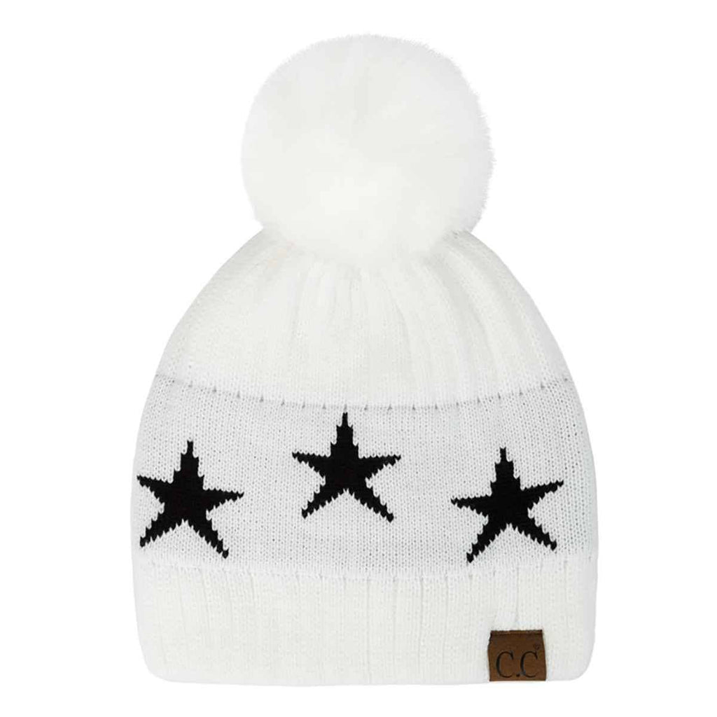 White Ava Star Print Pom Beanie