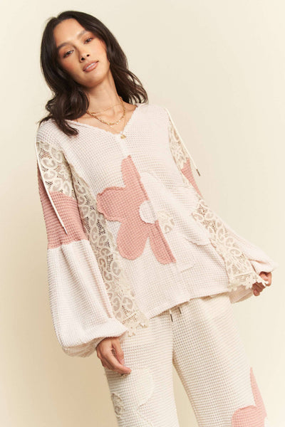 BEIGE PINK flower hoodie top