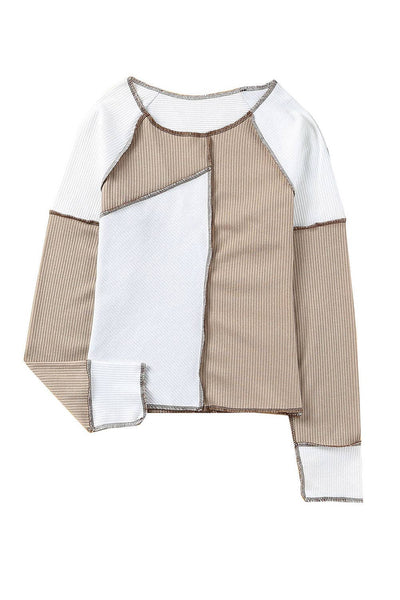 Khaki White Irregular Color Block Top