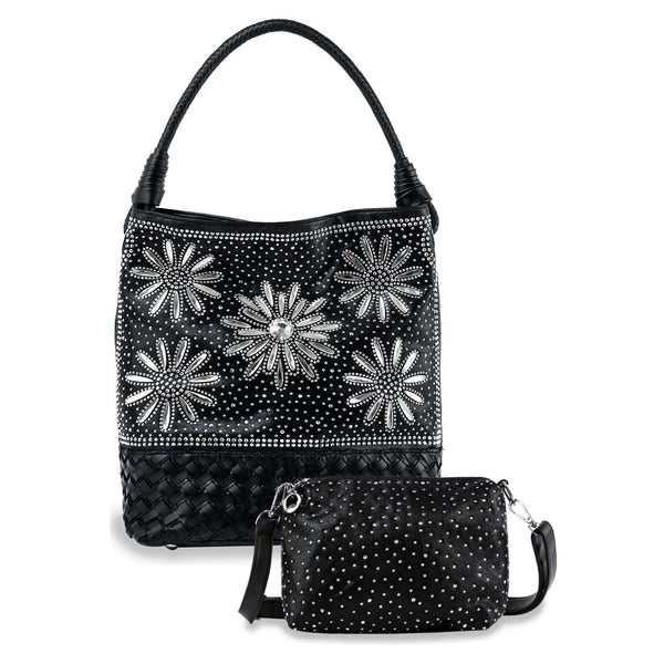Black Daisy Rhinestone Tall Handbag Set