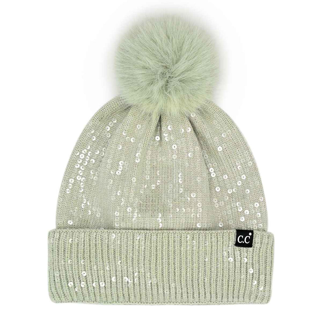 Dusty Mint All Over Sequin Pom CC Beanie