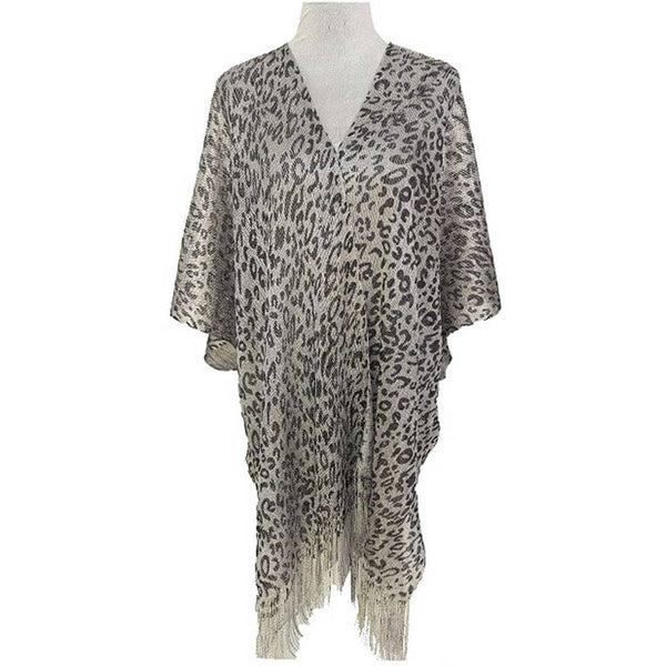 Sheer Leopard Pattern Fringe Kimono Cover Up