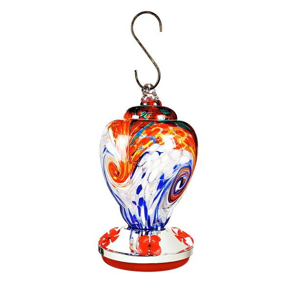 Blue Mutli-Colored Swirled Glass Hummingbird Feeder