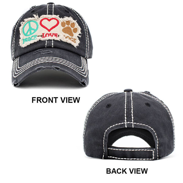 PEACE LOVE DOGS Message Vintage Black Baseball Cap