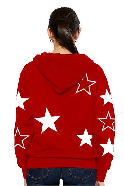 Red Relax Fit Zip up Jacket with Star Print
