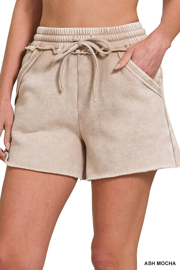 Ash Mocha Acid Wash Fleece Drawstring Shorts With Pockets: