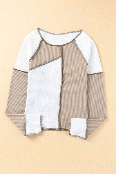 Khaki White Irregular Color Block Top