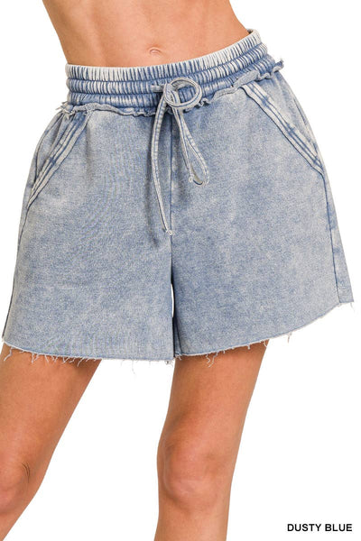 Dusty Blue Acid Wash Fleece Drawstring Shorts With Pockets
