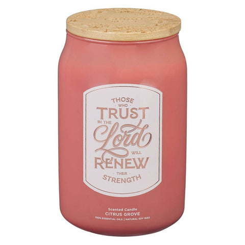 Glass Candle w/Bamboo Lid Those Who Trust Isa 40:31