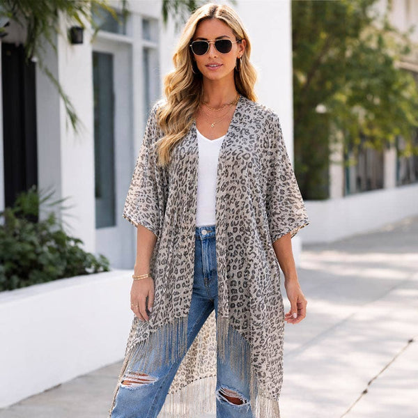 Sheer Leopard Pattern Fringe Kimono Cover Up