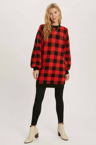 Buffalo Plaid Sweater Tunic Dress