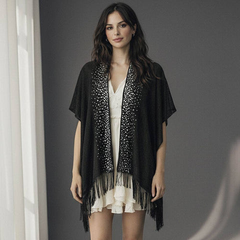 Sequin Embellished Front Fringe Trim Kimono