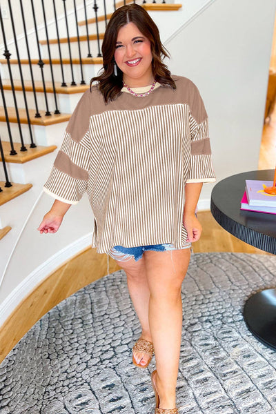 Khaki Stripe Patchwork Top Plus