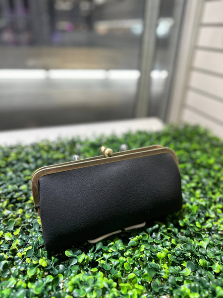 Black Faux Suede Two Tone Kiss Lock Clutch Wallet