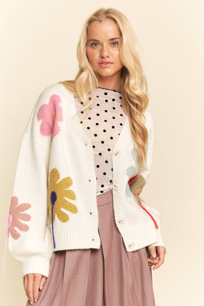 White 3D flowers button down sweater cardigan