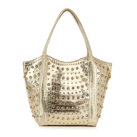 Gold Studded Rhinestone Alligator Embossed Tote Handbag