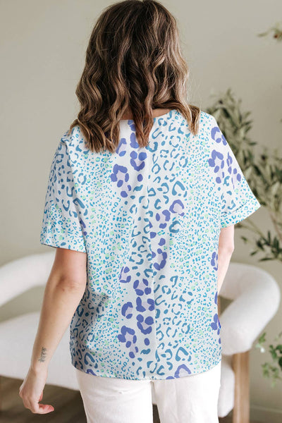 Blue Leopard Print V Neck Top Plus