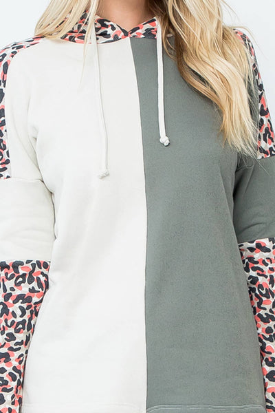 Olive Pink leopard contrast hoodie top