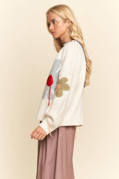 White 3D flowers button down sweater cardigan