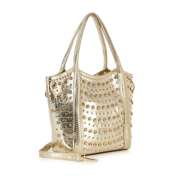Gold Studded Rhinestone Alligator Embossed Tote Handbag